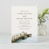 Invitation Ivory Slate Blue Script Amalfi Coast Bateau Mariag (Debout devant)