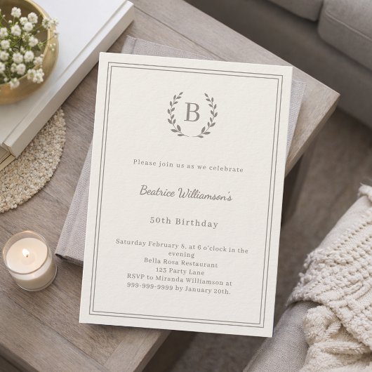 Invitation Ivory taupe monogram wreath luxury birthday