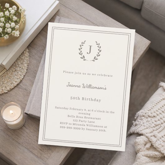 Invitation Ivory taupe monogram wreath minimalist