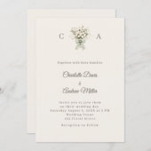 Invitation Ivory taupe monogrammed floral green wedding (Devant / Derrière)