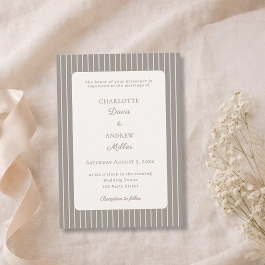 Invitation Ivory Taupe Neutral Pinstriped Wedding