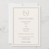 Invitation Ivory taupe wreath monogram simple wedding  (Devant)