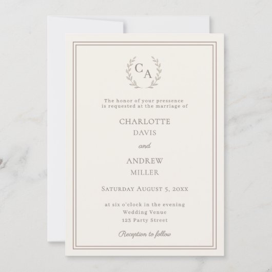 Invitation Ivory taupe wreath monogram simple wedding  (Devant)