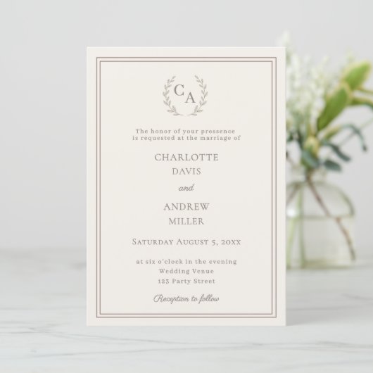 Invitation Ivory taupe wreath monogram simple wedding  (Debout devant)