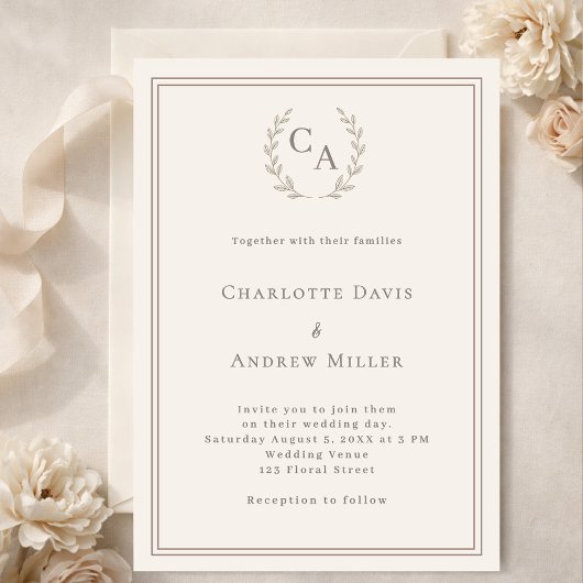 Invitation Ivory taupe wreath monogrammed simple wedding 