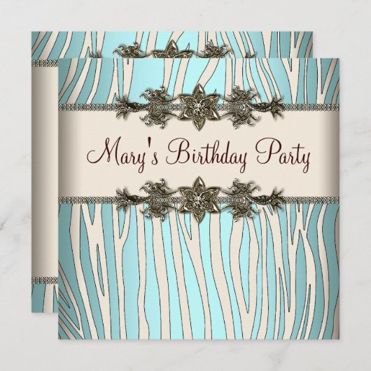 Invitation Ivory Turquoise Bleu Zèbre Femmes Fête d'anniversa (Devant / Derrière)