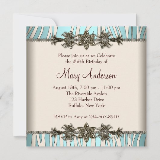 Invitation Ivory Turquoise Bleu Zèbre Femmes Fête d'anniversa (Dos)