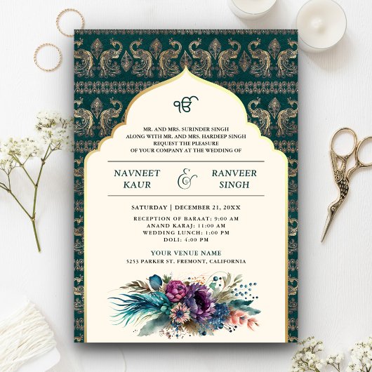 Invitation Ivory Turquoise Peacock Anand Karaj Sikh Mariage