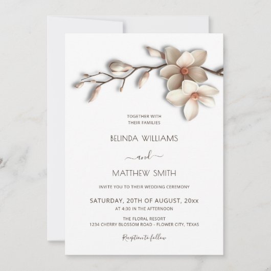 Invitation Ivory White 3D Magnolia Flower Minimalist Wedding (Devant)
