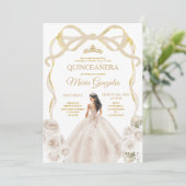 Invitation Ivory White Bow Princess Gold Crown Quinceañera (Debout devant)
