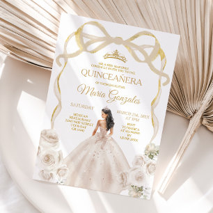 Invitation Ivory White Bow Princess Gold Crown Quinceañera
