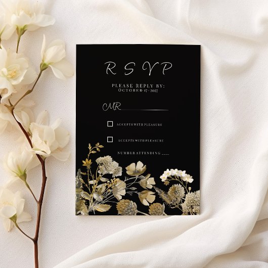 Invitation Ivory white brown black wildflower winter RSVP
