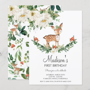 Invitation Ivory White Floral Deer Fawn Woodland Anniversaire