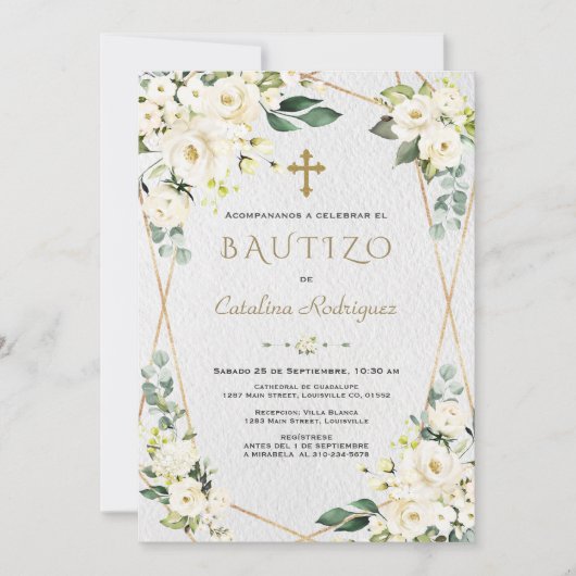 Invitation Ivory White Floral Espagnol Invitacion De Bautizo (Devant)