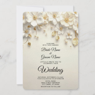 Invitation Ivory White Floral Feuille or