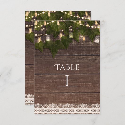 Invitation Ivy & String Lights Mason Jar Rustic Numéro de tab (Devant / Derrière)