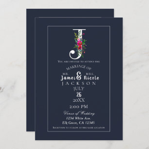 Invitation J Monogramme Dernier initial bleu Floral Mariage