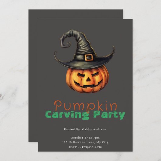 Invitation Jack-O' Lantern Sorcière Gris Citrouille de la fêt (Devant / Derrière)