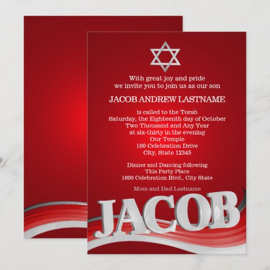 Invitation Jacob Steel Wave Red Bar Mitzvah (Devant / Derrière)