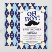 Invitation Jacquard bleu OH GARÇON Baby shower moustache (Devant / Derrière)