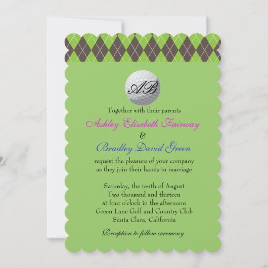 Invitation Jacquard Golfball Golf Vert Monogramme Mariage (Devant)
