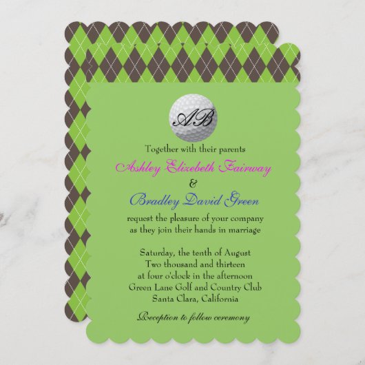 Invitation Jacquard Golfball Golf Vert Monogramme Mariage (Devant / Derrière)