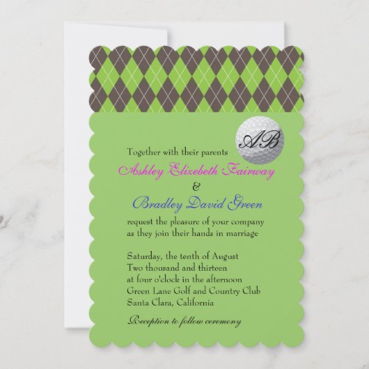 Invitation Jacquard Golfball Golf Vert Monogramme Mariage (Devant)