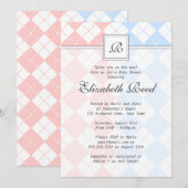 Invitation Jacquard rose et bleu Baby shower jumeaux monogram (Devant / Derrière)
