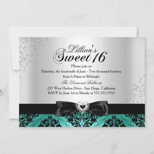 Invitation Jade Black Damassé Étincelle Sweet 16 (Devant)