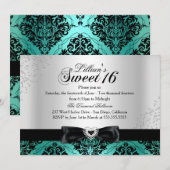 Invitation Jade Black Damassé Étincelle Sweet 16 (Devant / Derrière)