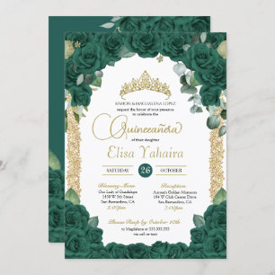 Invitation Jade Green Rose Floral et Gold Quinceanera