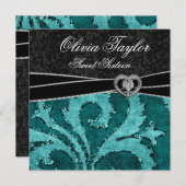 Invitation Jade Noir Glitter Sweet Seize Anniversaire (Devant / Derrière)