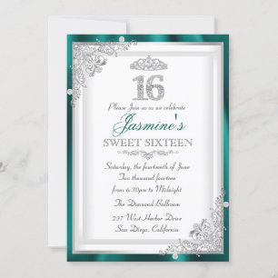 Invitation Jade Silver Diamond Damask & Tiara Sweet 16 Invita