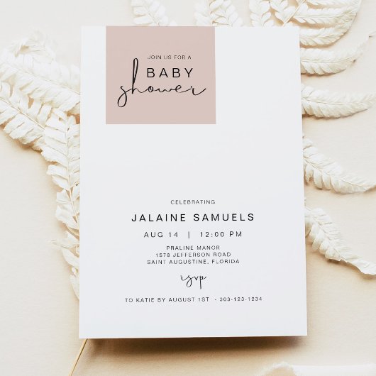 Invitation JALAINE Moderne Blush Baby shower fille bloc rose