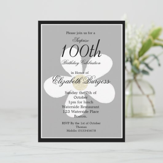 Invitation Jalon Anniversaire noir blanc marguerite or élégan (Debout devant)