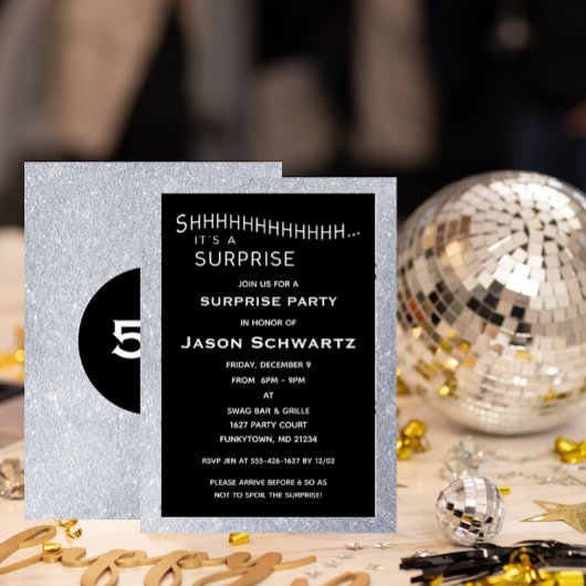 Invitation Jalon Noir et Argent Fête Surprise Anniversaire