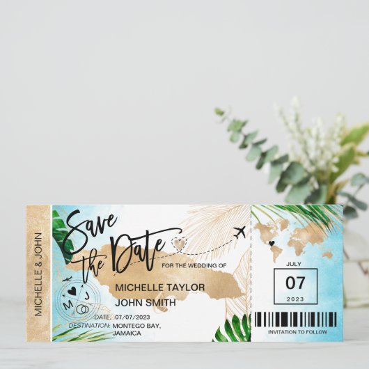 Invitation Jamaïque Enregistrer la date Boarding Pass Plage t (Debout devant)