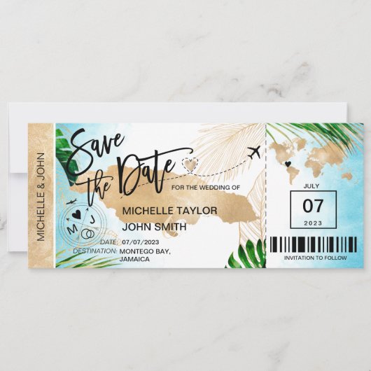 Invitation Jamaïque Enregistrer la date Boarding Pass Plage t (Devant)