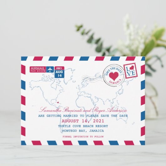 Invitation Jamaïque Mariage AirMail Enregistrez la Date (Debout devant)