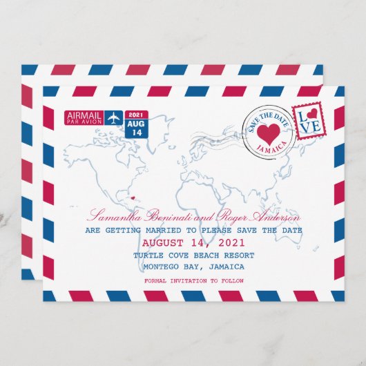 Invitation Jamaïque Mariage AirMail Enregistrez la Date (Devant / Derrière)