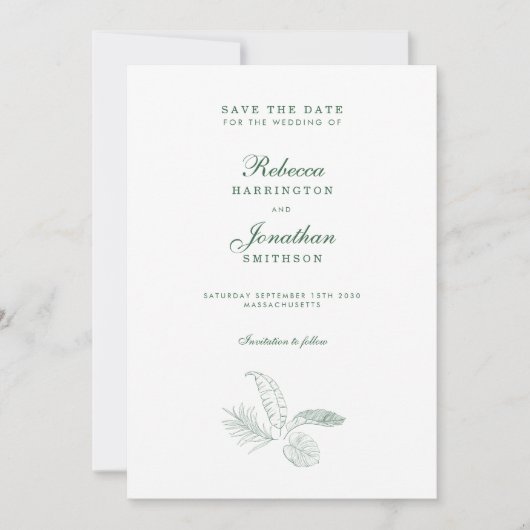 Invitation Jambe Tropicale Vert Mariage Minimal Enregistrer L (Devant)