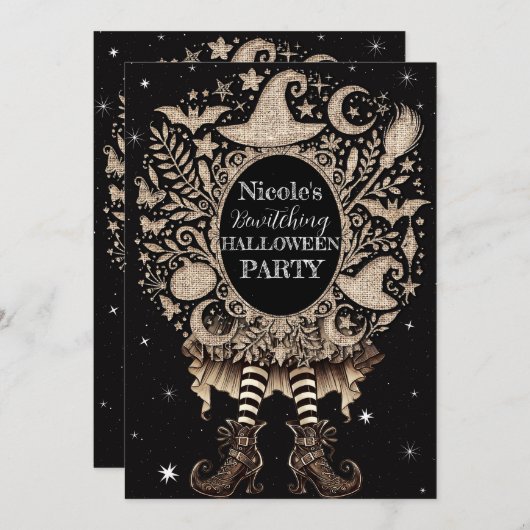 Invitation Jambes de sorcière Whimsical Rustic Burlap Hallowe (Devant / Derrière)