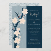 Invitation Japandi bleu cerisier mariage (Devant / Derrière)