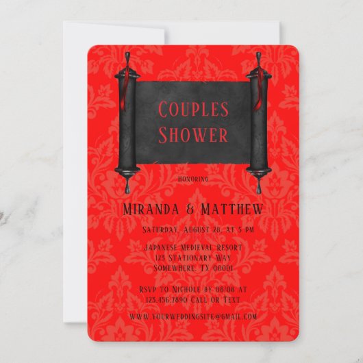 Invitation Japonais Rouges Noir Damas Couples Douche (Devant)