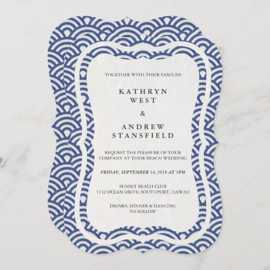 Invitation Japonais Seigaiha Vave Elégant Mariage Plage (Devant / Derrière)