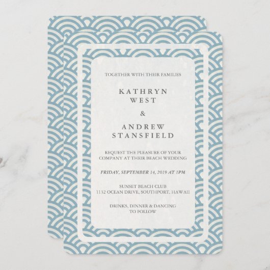 Invitation Japonais Seigaiha Vave Elégant Mariage Plage (Devant / Derrière)