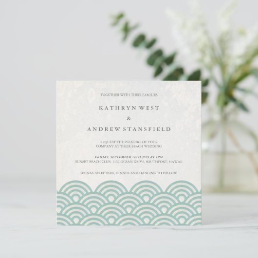 Invitation Japonais Seigaiha Vave Elégant Mariage Plage (Debout devant)