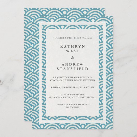 Invitation Japonais Seigaiha Vave Elégant Mariage Plage (Devant / Derrière)