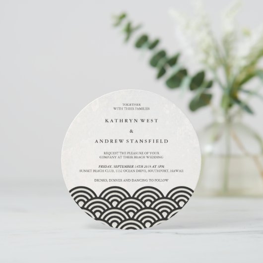 Invitation Japonais Seigaiha Vave Elégant Mariage Plage (Debout devant)