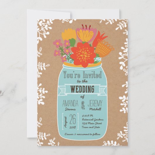 Invitation Jar de Mason rustique avec fleurs sur papier d'art (Devant)